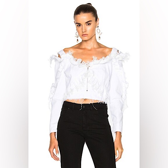 PREEN BY THORNTON BREGAZZI Ruffle Denim Off-Shoulder Top - Picture 3 of 10